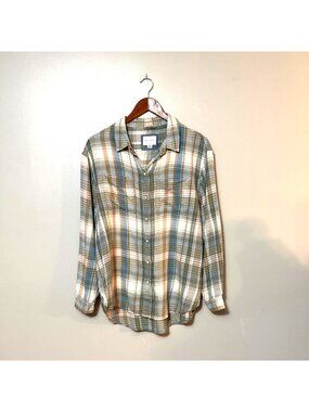 American Eagle Womens Plaid Pearl-Snap Shirt S Green/Blue/Orange Cotton Viscose